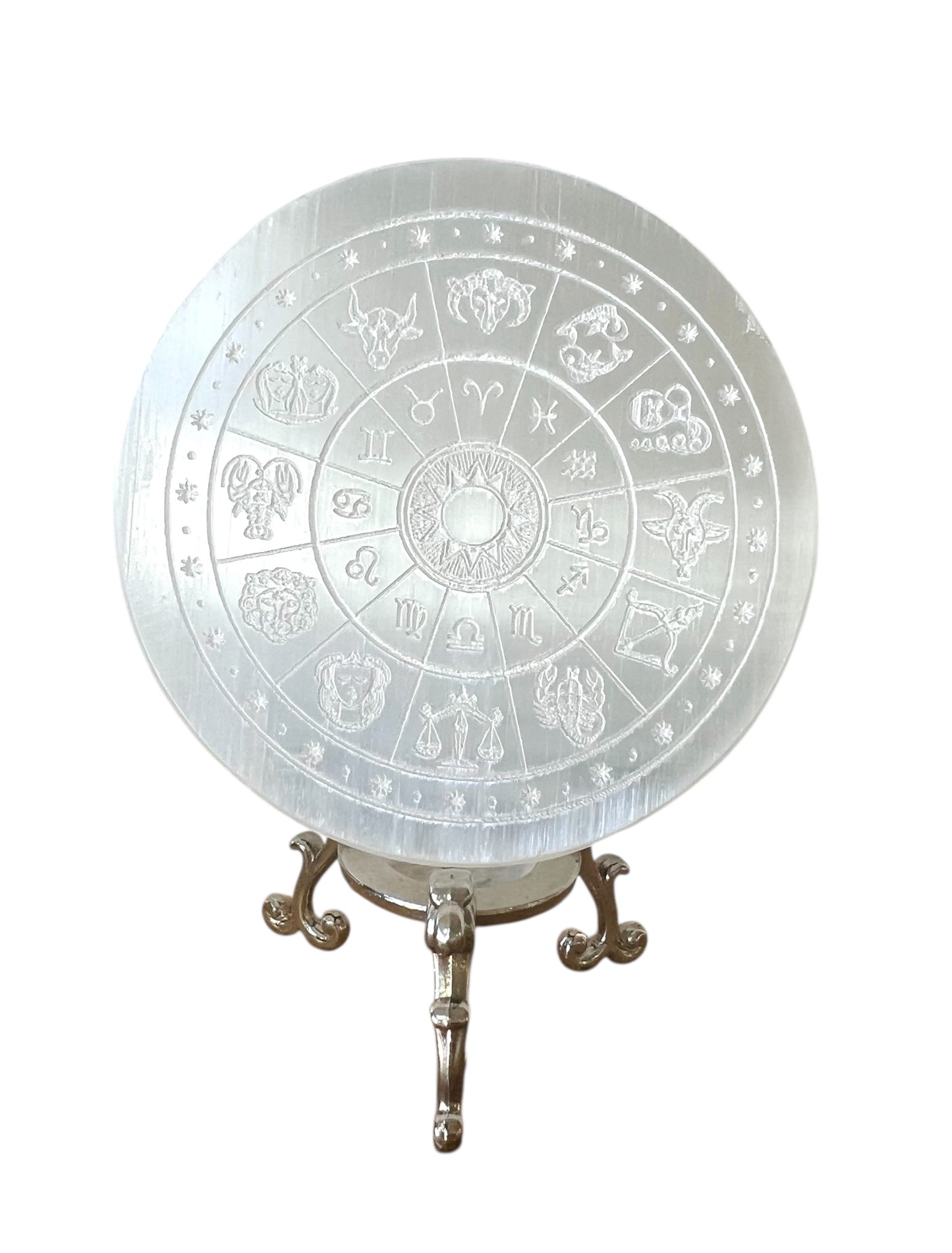 Selenite charging plate - carved zodiac sign design