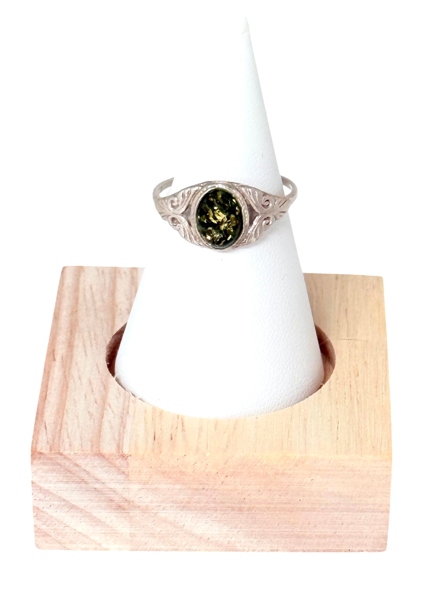 Green Amber Silver Ring